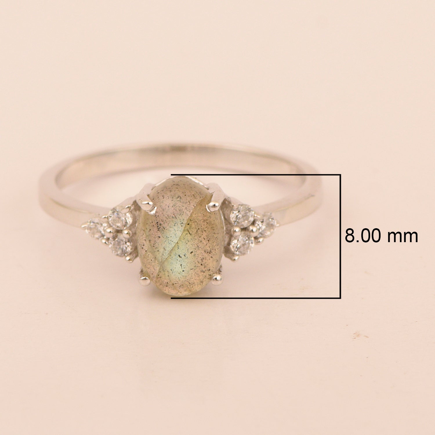 Solitaire Oval 8x6mm Labradorite Cabochon & White Accents Women Wedding Ring - Kimaya INC