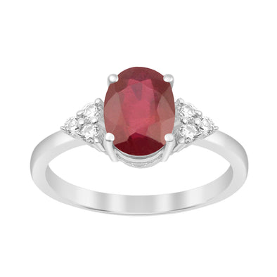 Solitaire Oval 8x6mm Red Ruby & White Accents Women Wedding Ring - Kimaya INC