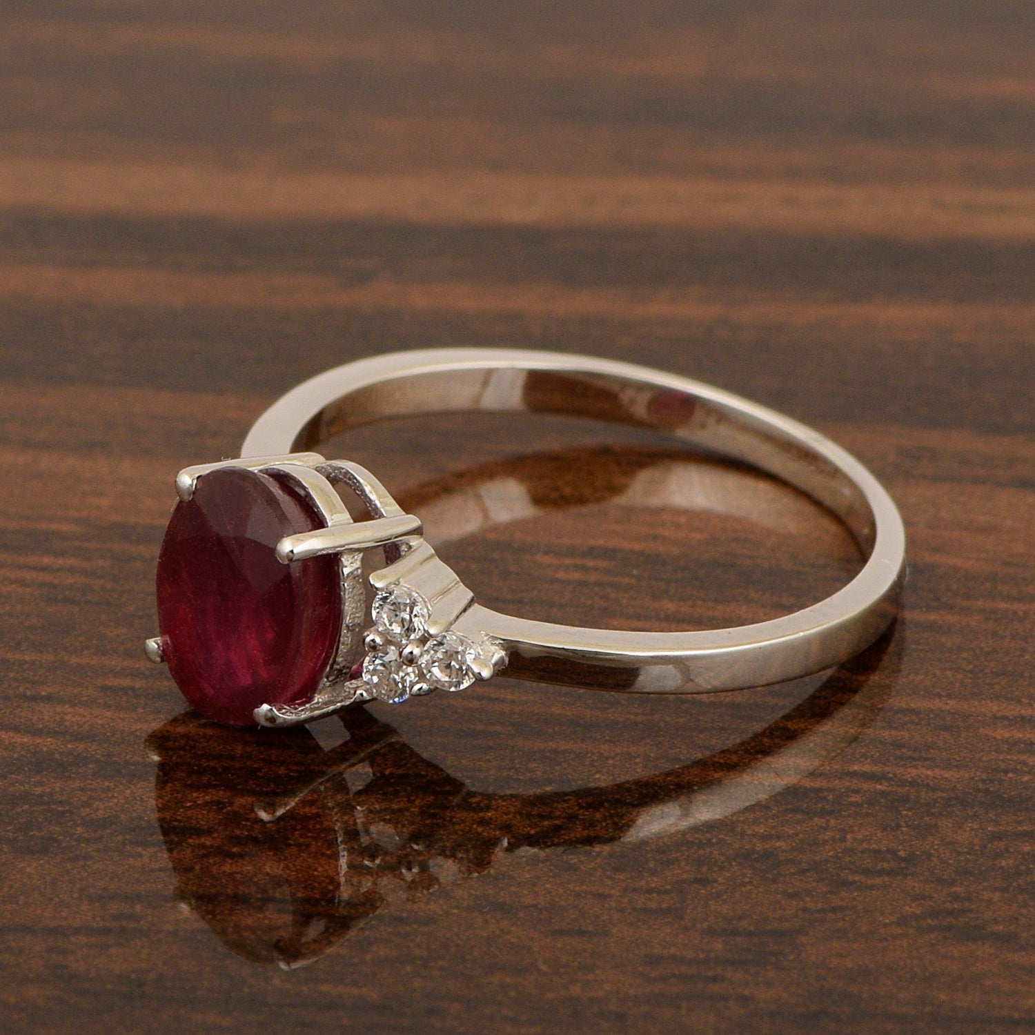 Solitaire Oval 8x6mm Red Ruby & White Accents Women Wedding Ring - Kimaya INC