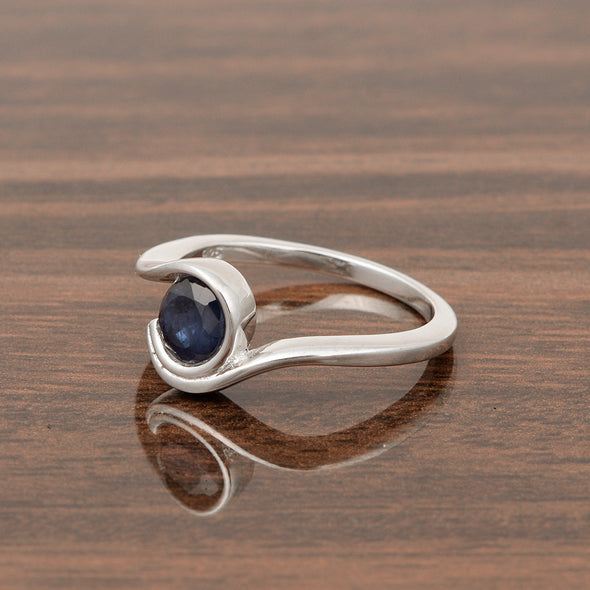 Bar-Set Solitaire 6mm Round Blue Sapphire Bypass Ring 925 Sterling Silver - Kimaya INC