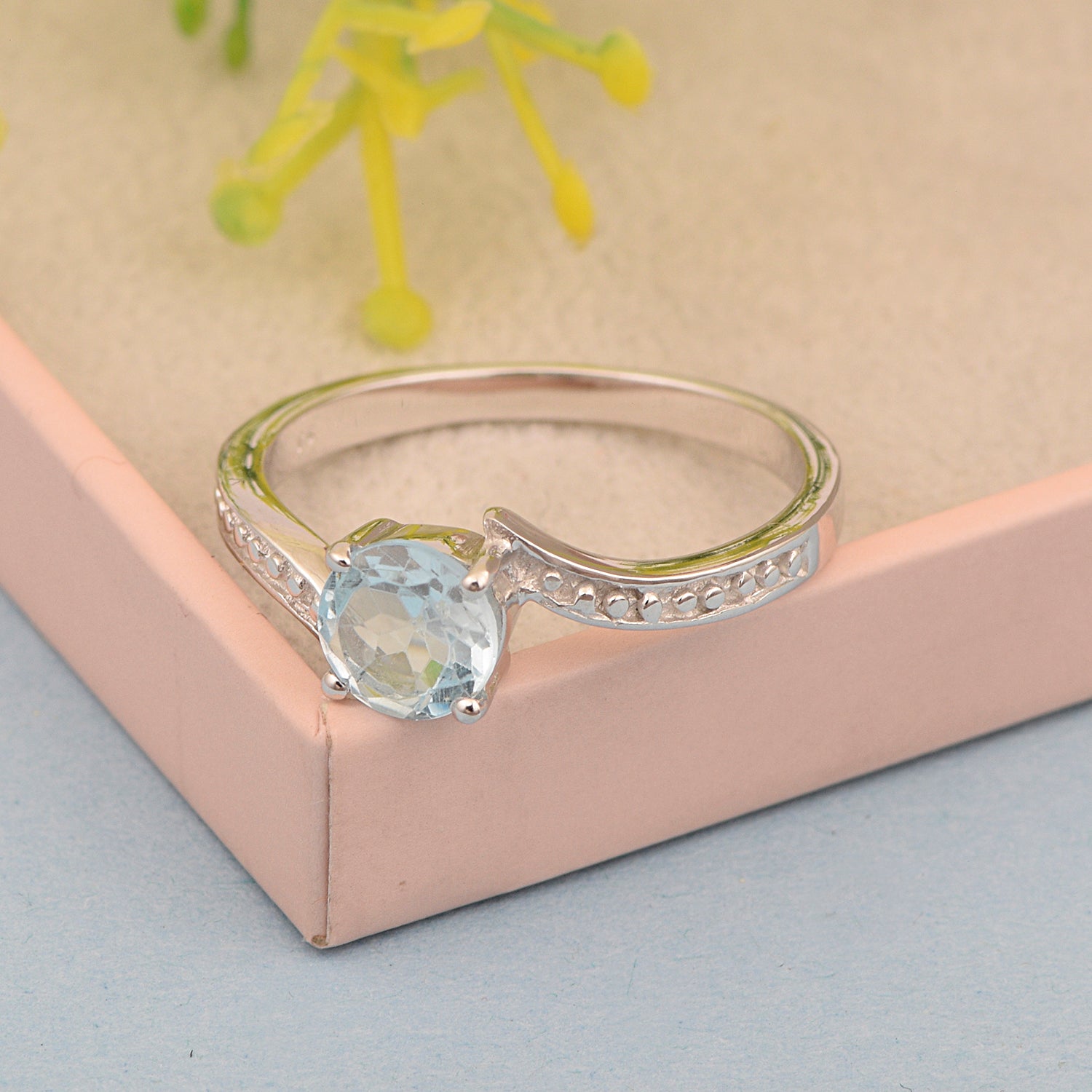 Solid 925 Sterling Silver Round 6mm Aquamarine Gemstone Women Promise Ring - Kimaya INC