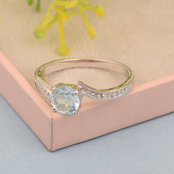 Solid 925 Sterling Silver Round 6mm Aquamarine Gemstone Women Promise Ring - Kimaya INC