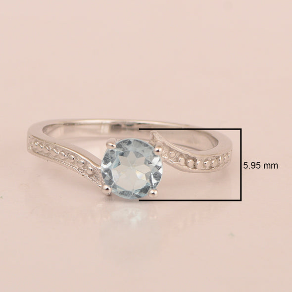 Solid 925 Sterling Silver Round 6mm Aquamarine Gemstone Women Promise Ring - Kimaya INC