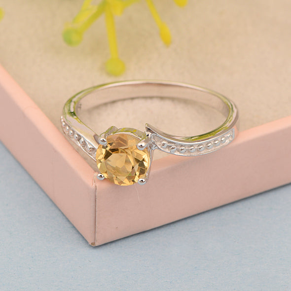 Solid 925 Sterling Silver Round 6mm Citrine Gemstone Women Promise Ring - Kimaya INC