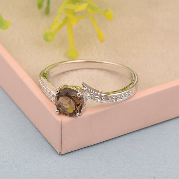 Solid 925 Sterling Silver Round 6mm Smoky Quartz Gemstone Women Promise Ring - Kimaya INC