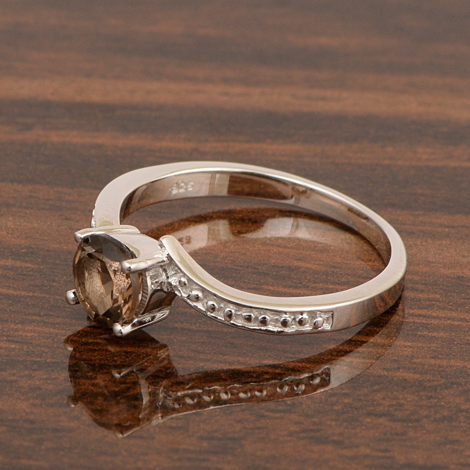 Solid 925 Sterling Silver Round 6mm Smoky Quartz Gemstone Women Promise Ring - Kimaya INC