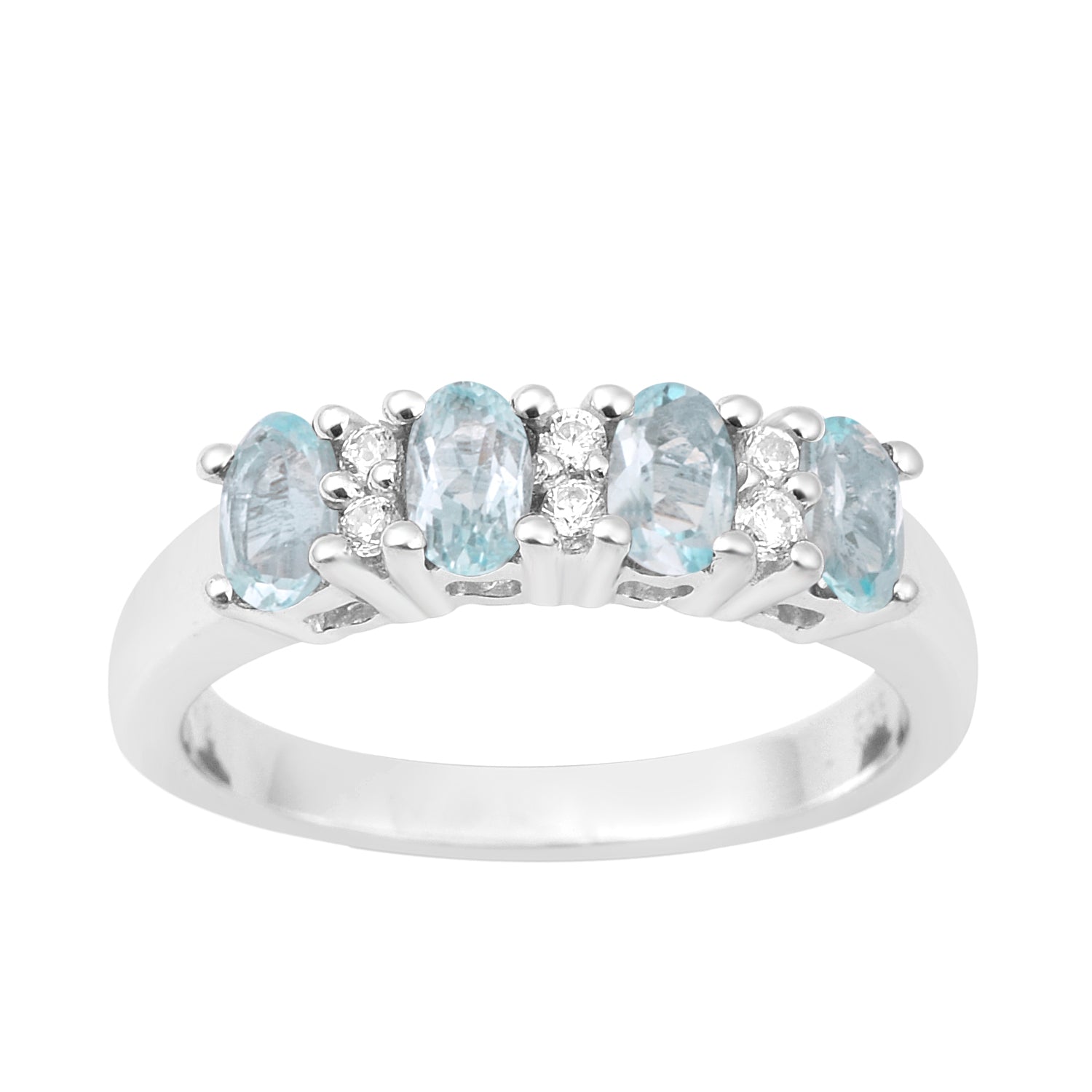 925 Sterling Silver Oval 5X3MM Aquamarine & White Topaz Women Wedding Ring - Kimaya INC