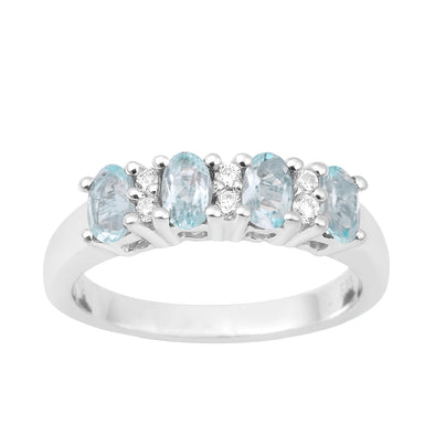 925 Sterling Silver Oval 5X3MM Aquamarine & White Topaz Women Wedding Ring - Kimaya INC