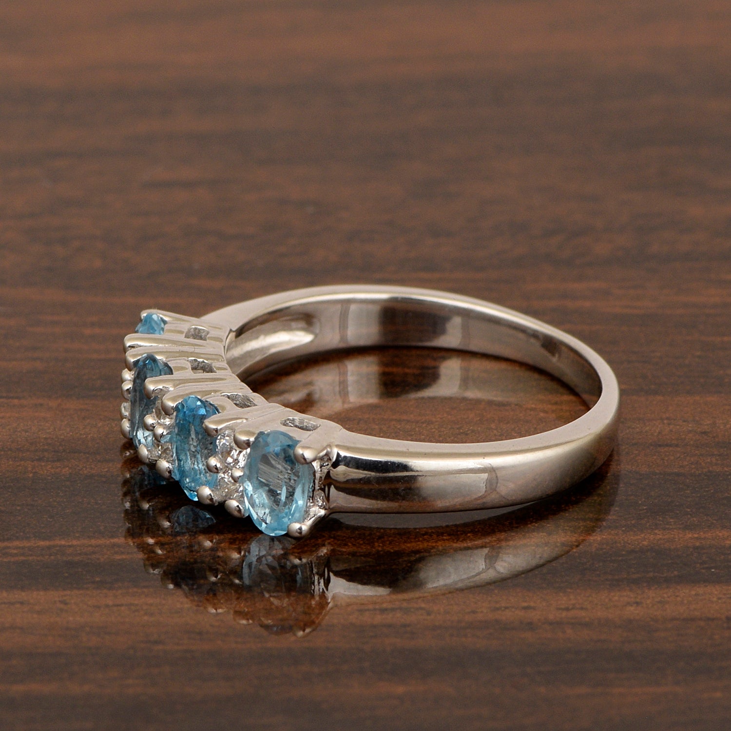 925 Sterling Silver Oval 5X3MM Aquamarine & White Topaz Women Wedding Ring - Kimaya INC