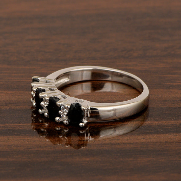 925 Sterling Silver Oval 5X3MM Blue Sapphire & White Topaz Women Wedding Ring - Kimaya INC
