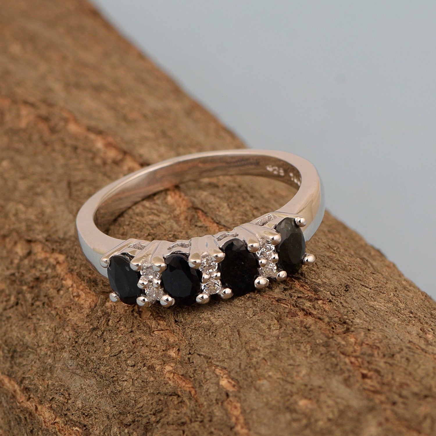 925 Sterling Silver Oval 5X3MM Blue Sapphire & White Topaz Women Wedding Ring - Kimaya INC