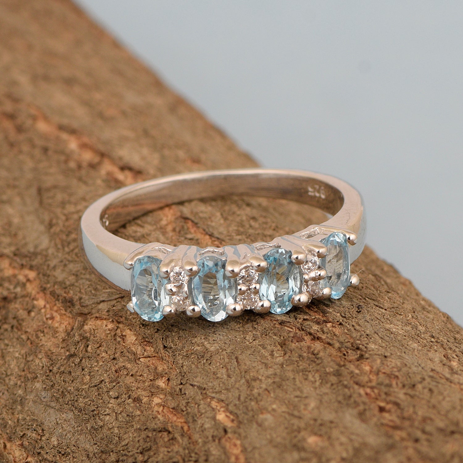 925 Sterling Silver Oval 5X3MM Swiss Blue Topaz & White Topaz Women Wedding Ring - Kimaya INC