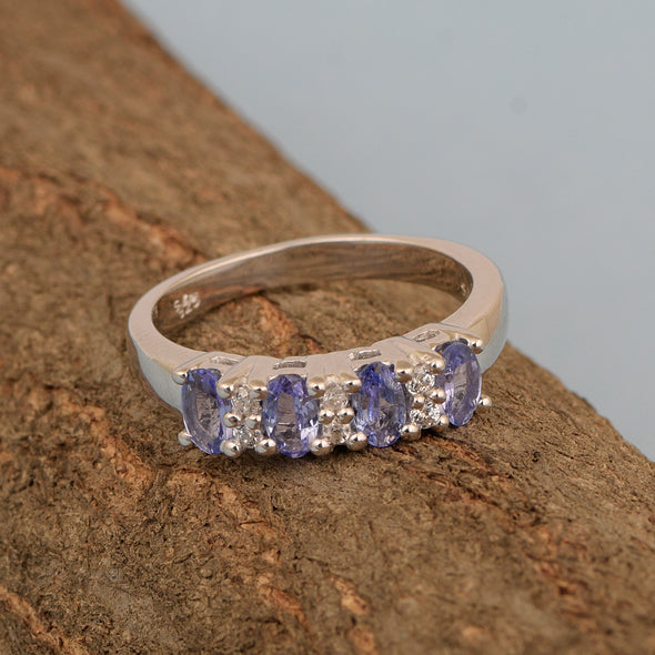 925 Sterling Silver Oval 5X3MM Tanzanite & White Topaz Women Wedding Ring - Kimaya INC
