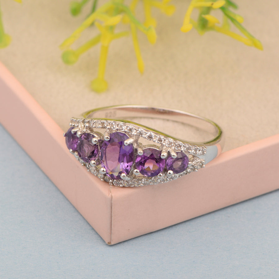 Amethyst Vintage Design Halo Ring - Sterling Silver
