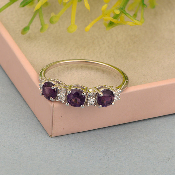Three Stone Style Round Amethyst 925 Sterling Silver Women Anniversary Ring - Kimaya INC