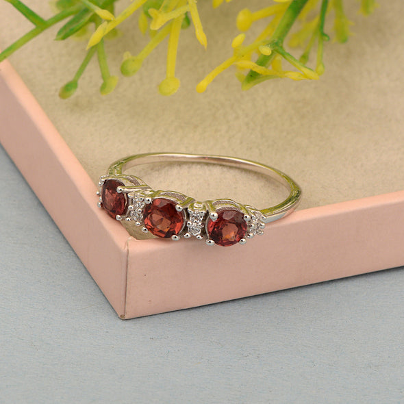 Three Stone Style Round Garnet 925 Sterling Silver Women Anniversary Ring - Kimaya INC