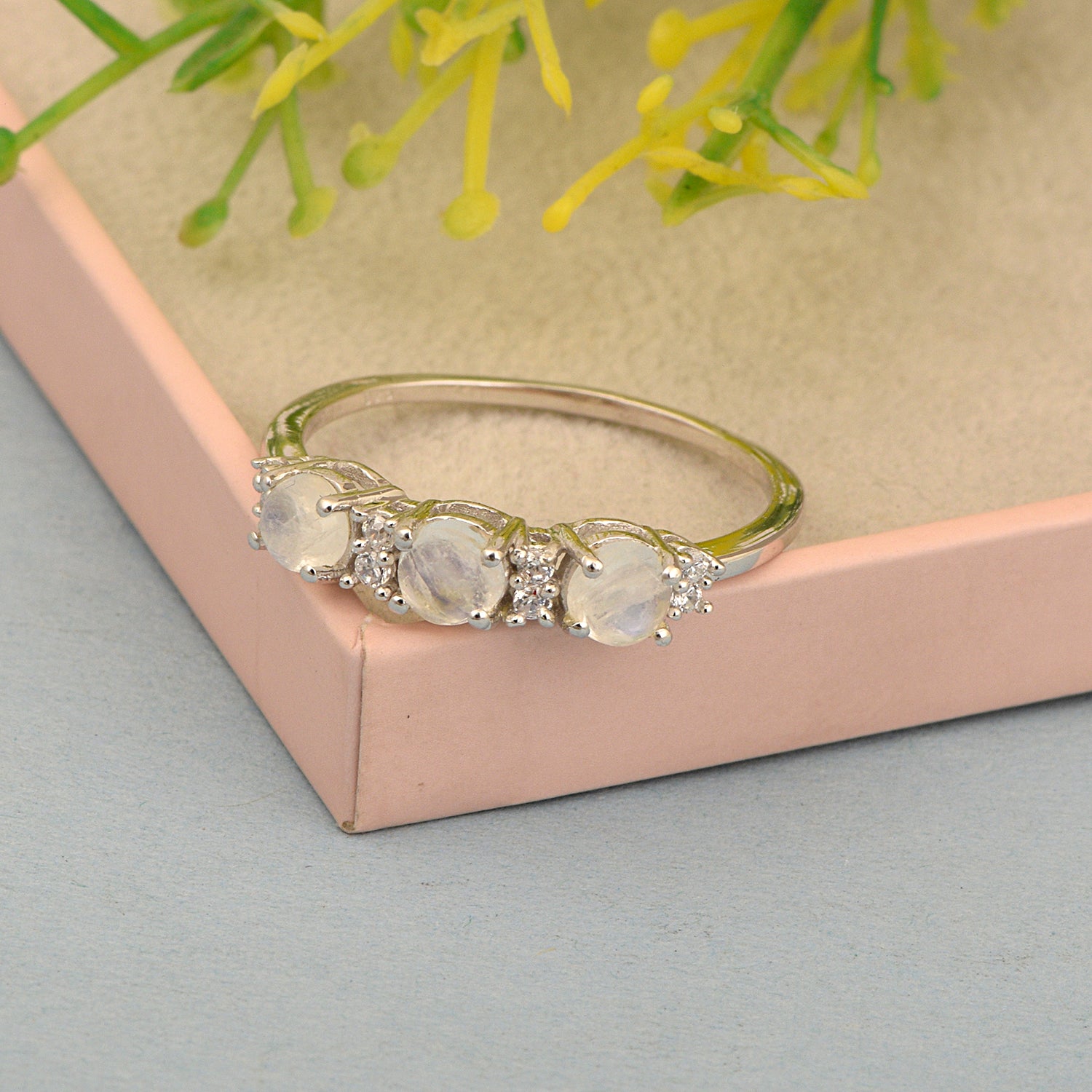 Three Stone Style Round Moonstone 925 Sterling Silver Women Anniversary Ring - Kimaya INC