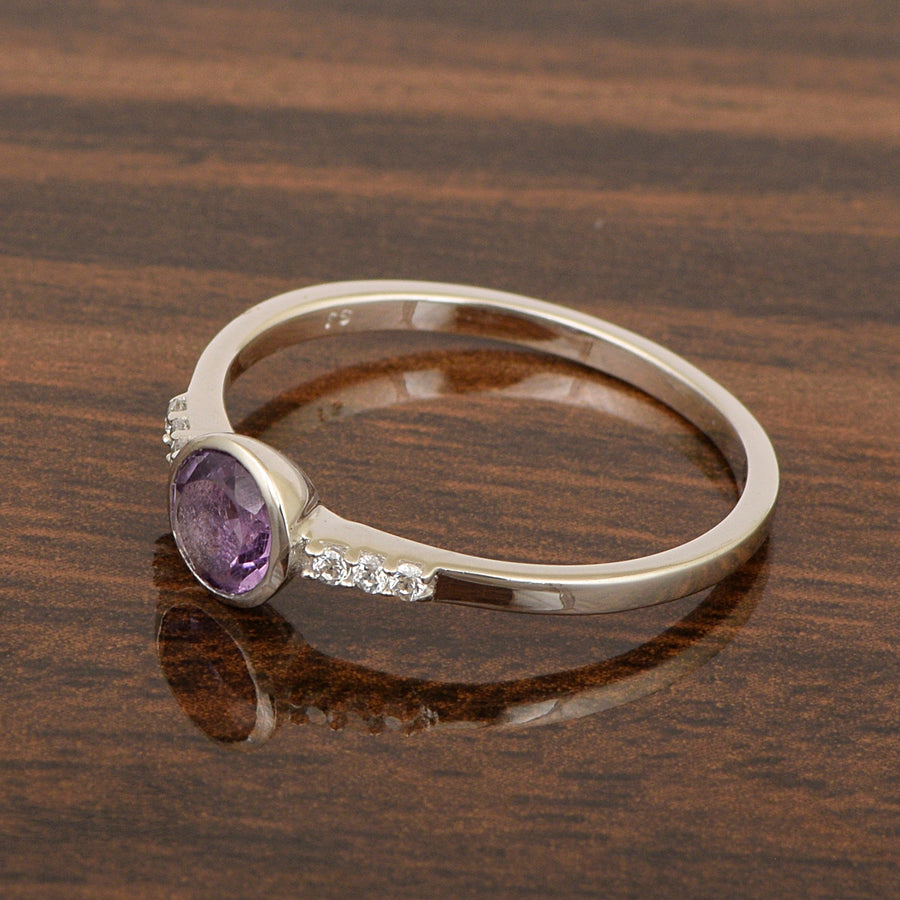Amethyst Round Cut 5mm Gemstone Ring-Sterling Silver