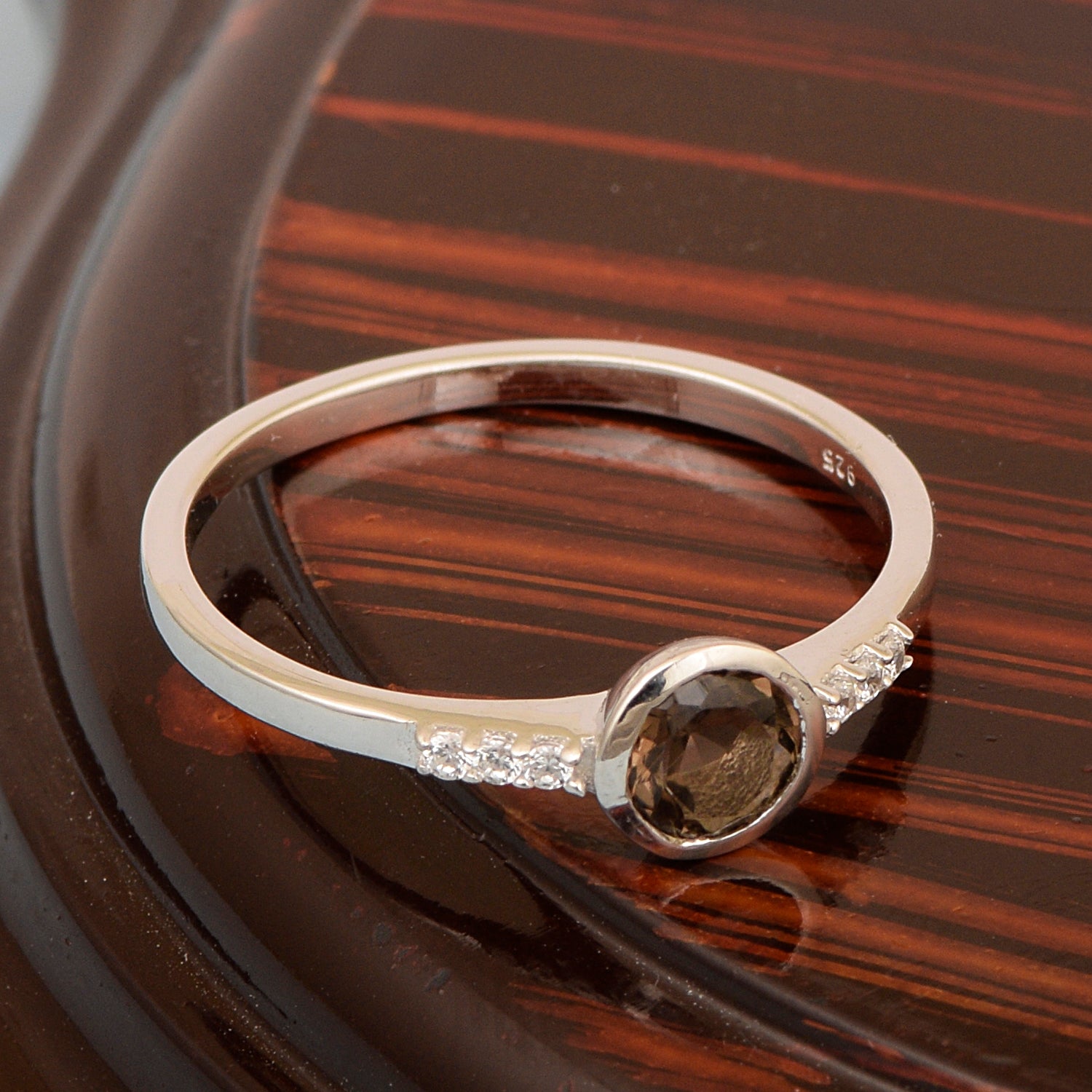 Sterling Silver Round Cut 5mm Smoky Quartz Gemstone Women Wedding Ring - Kimaya INC