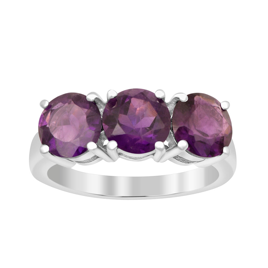 Amethyst Round 7 MM 3-Stone Ring - Sterling Silver