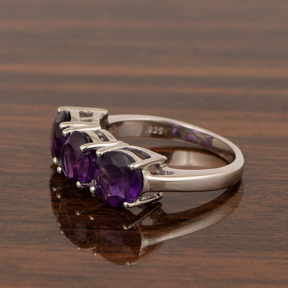 Sterling Silver Natural Amethyst 3.55 Ctw Women's 3-Stone Design Ring - Kimaya INC
