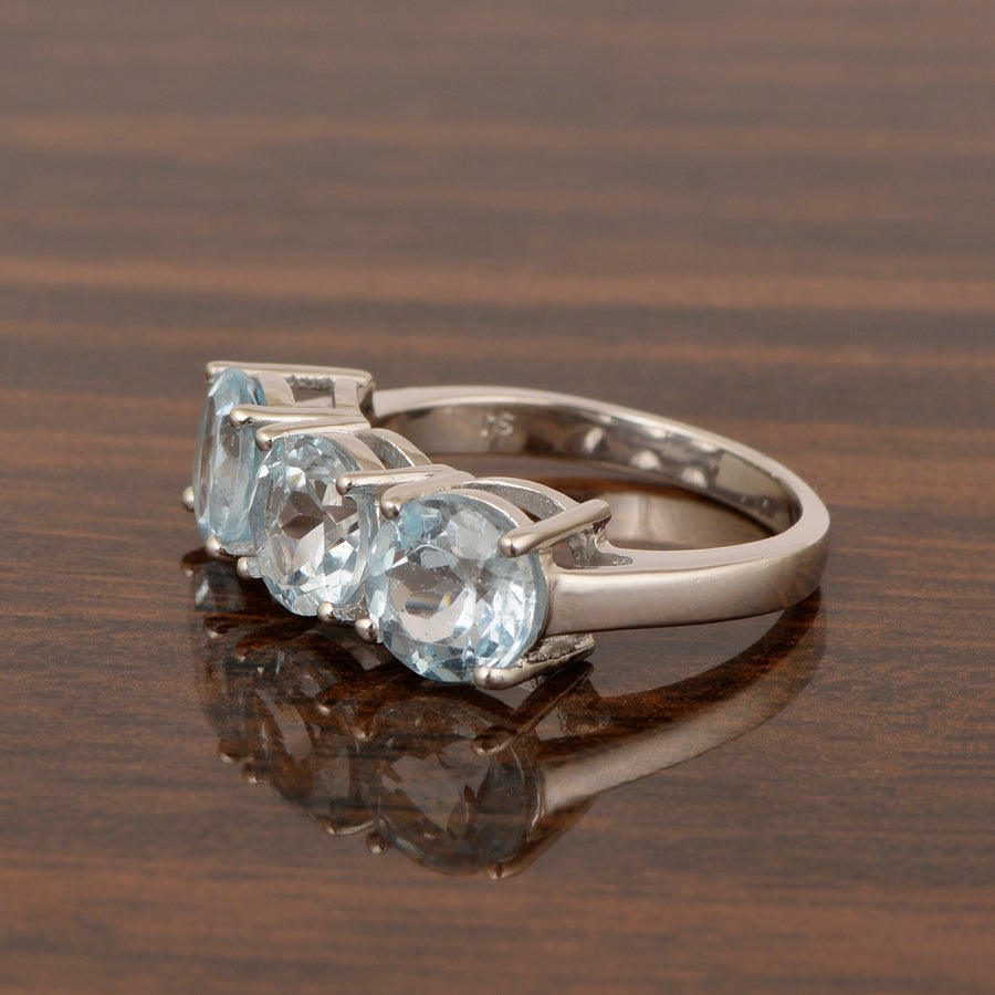 Aquamarine Round 7 MM 3-Stone Ring - Sterling Silver