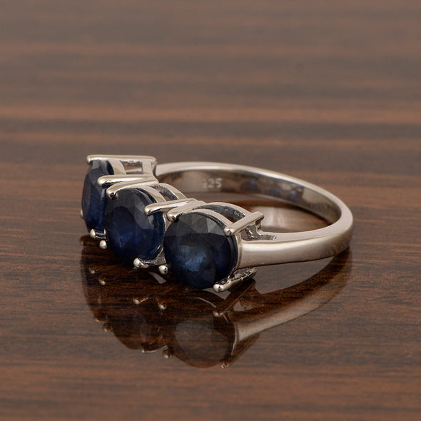 Sterling Silver Natural Blue Sapphire 3.55 Ctw Women's 3-Stone Design Ring - Kimaya INC