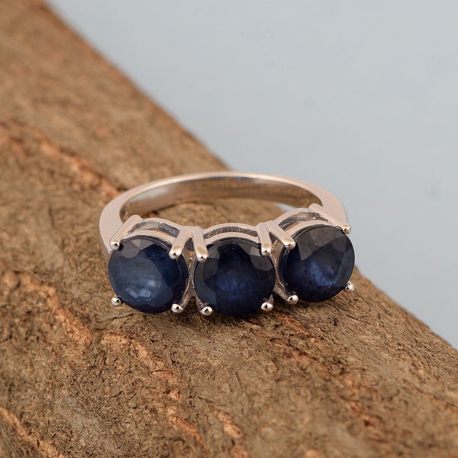 Sterling Silver Natural Blue Sapphire 3.55 Ctw Women's 3-Stone Design Ring - Kimaya INC