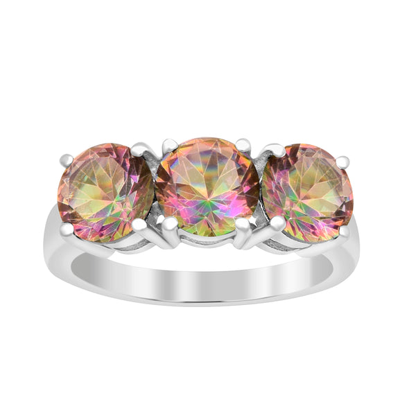 Sterling Silver Natural Mystic Topaz 3.55 Ctw Women's 3-Stone Design Ring - Kimaya INC