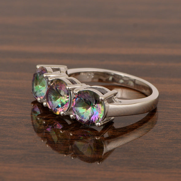 Sterling Silver Natural Mystic Topaz 3.55 Ctw Women's 3-Stone Design Ring - Kimaya INC