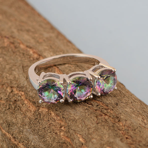 Sterling Silver Natural Mystic Topaz 3.55 Ctw Women's 3-Stone Design Ring - Kimaya INC