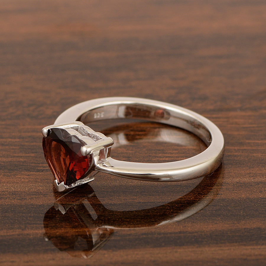 Garnet Heart Cut 7 MM Solitaire Ring - 925 Sterling Silver