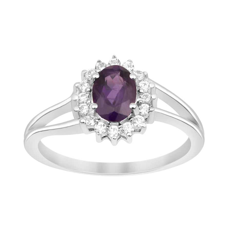 Amethyst Solitaire Halo Split Shank Ring -Sterling Silver