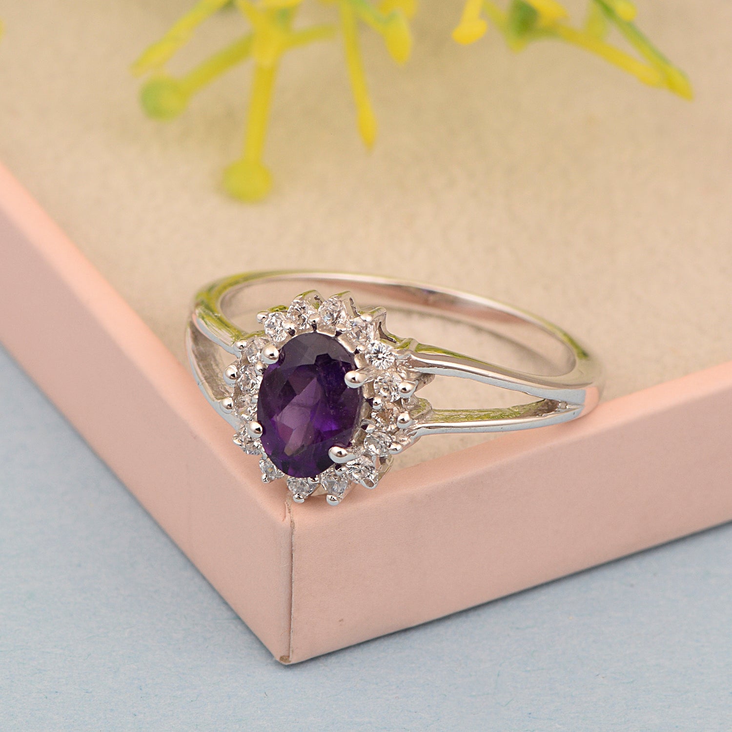 Oval Shape Amethyst 1.5ct. 8X6mm Gemstone 925 Sterling Silver Solitaire Accents Ring - Kimaya INC