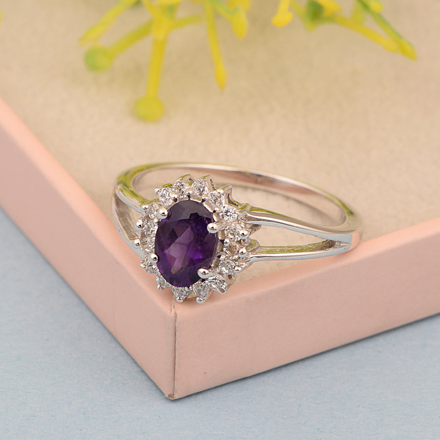 Amethyst Solitaire Halo Split Shank Ring -Sterling Silver