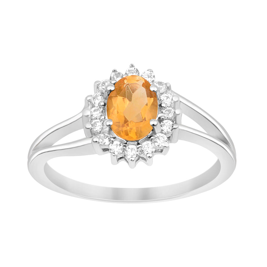 Citrine Solitaire Halo Split Shank Ring -Sterling Silver