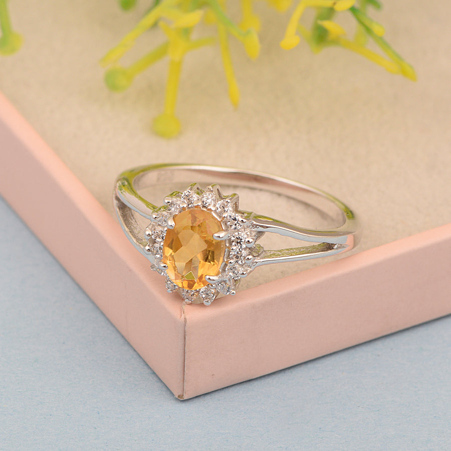 Citrine Solitaire Halo Split Shank Ring -Sterling Silver