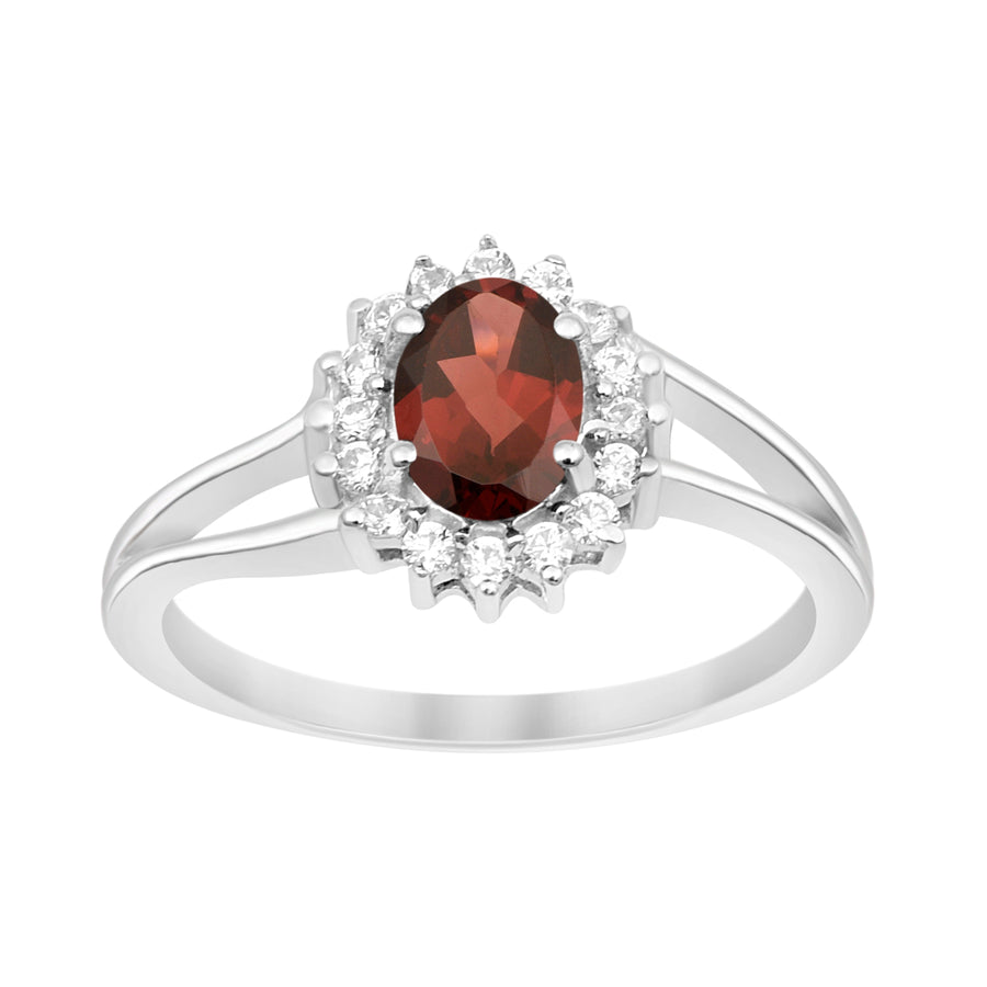Garnet Solitaire Halo Split Shank Ring -Sterling Silver