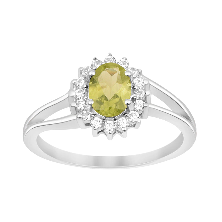 Peridot Solitaire Halo Split Shank Ring -Sterling Silver