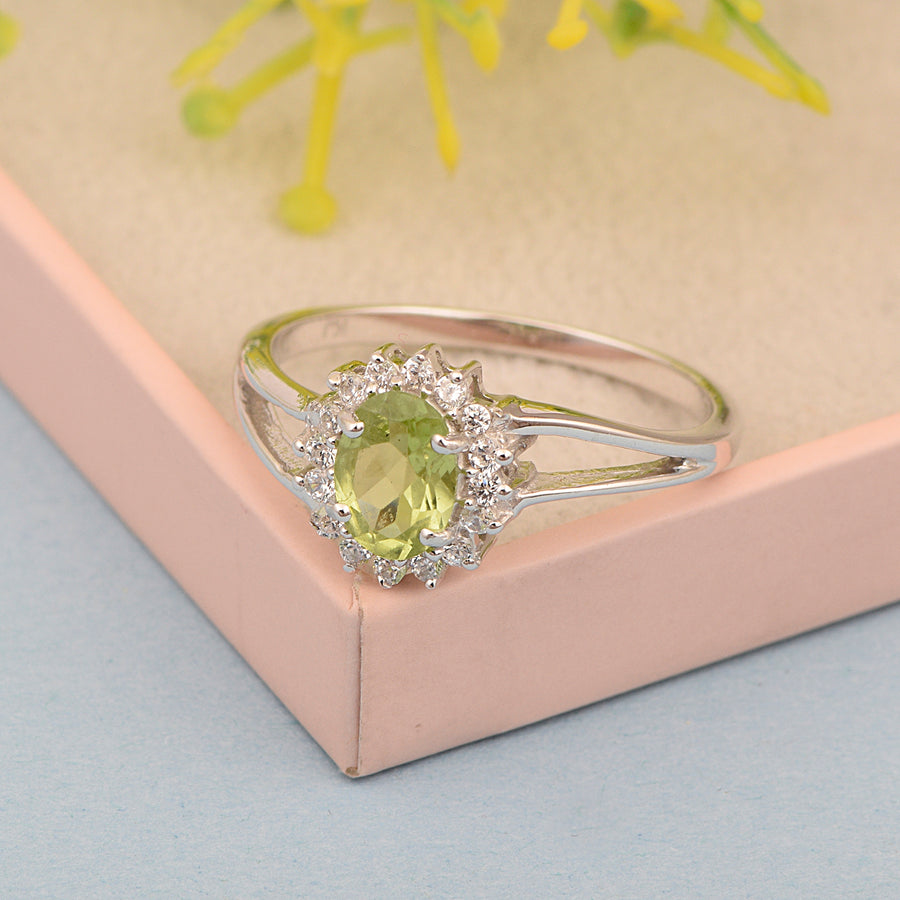 Peridot Solitaire Halo Split Shank Ring -Sterling Silver