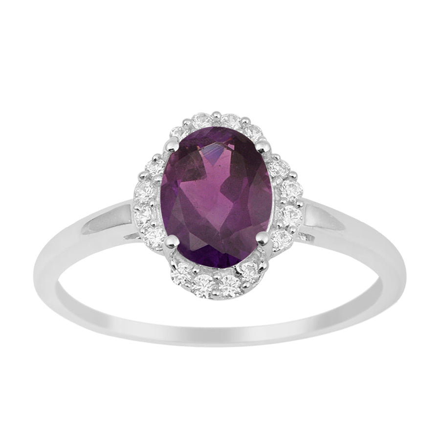 Amethyst Oval 8x6 MM Solitaire Halo Ring - Sterling Silver