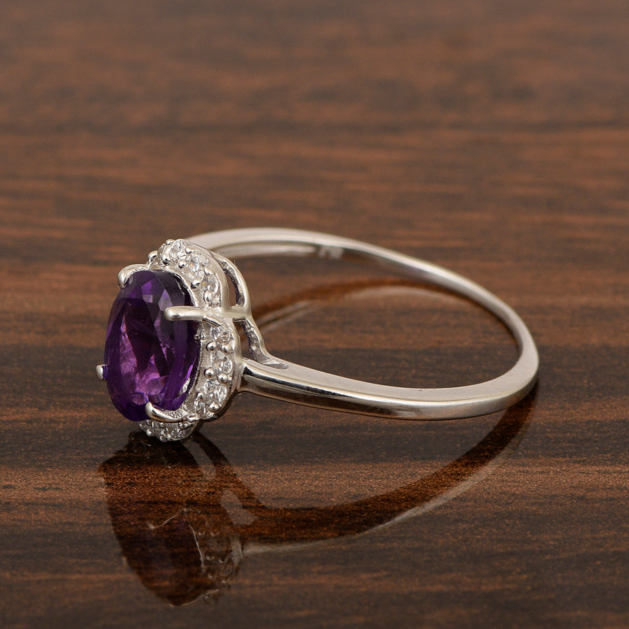 Amethyst Oval 8x6 MM Solitaire Halo Ring - Sterling Silver