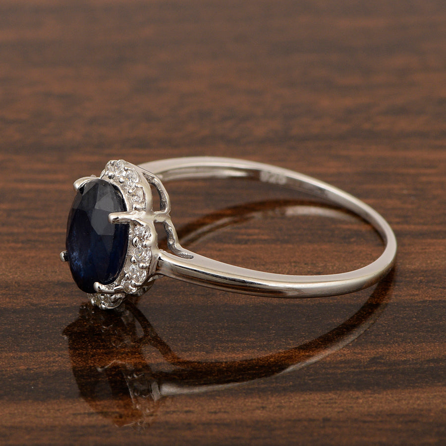 Blue Sapphire Oval 8x6 MM Solitaire Halo Ring - Sterling Silver