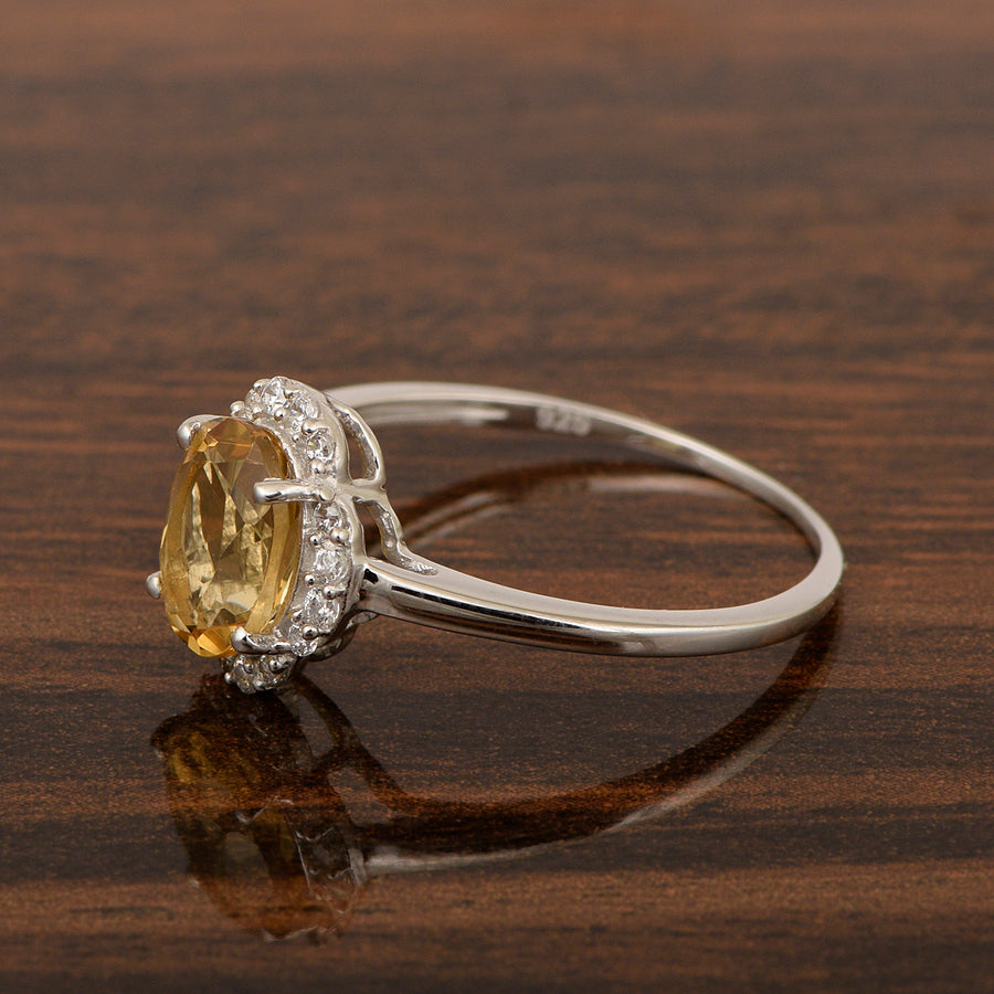 Citrine Oval 8x6 MM Solitaire Halo Ring - Sterling Silver