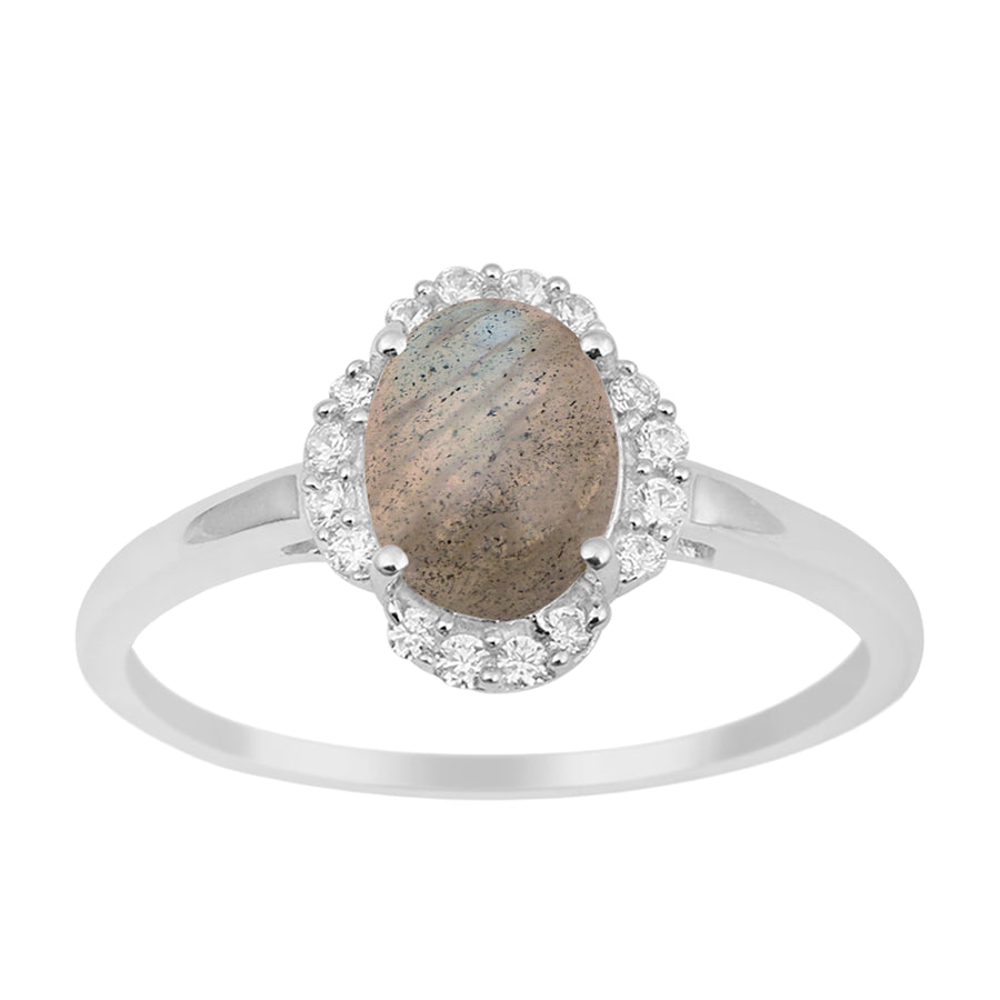 Labradorite Oval 8x6 MM Solitaire Halo Ring - Sterling Silver