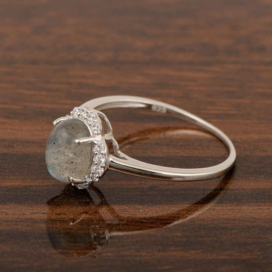 Labradorite Oval 8x6 MM Solitaire Halo Ring - Sterling Silver
