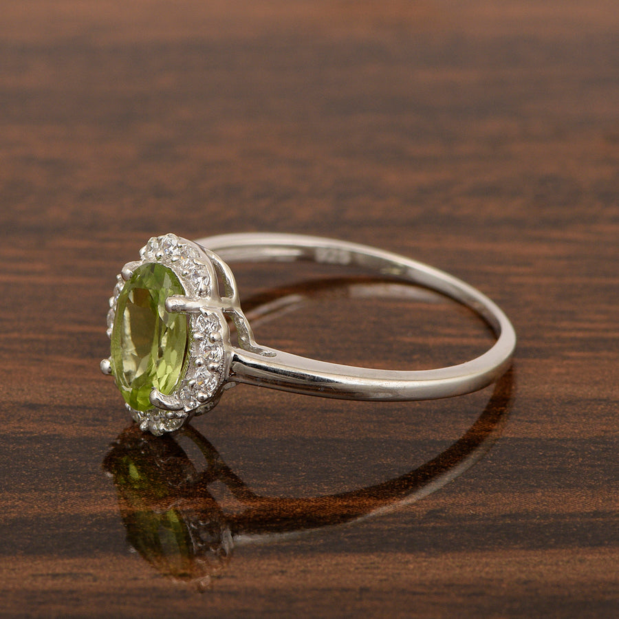 Peridot Oval 8x6 MM Solitaire Halo Ring - Sterling Silver
