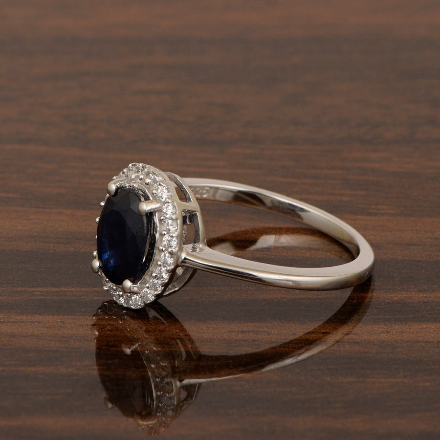 8x6MM Oval Blue Sapphire & White Accents Ring - Sterling Silver