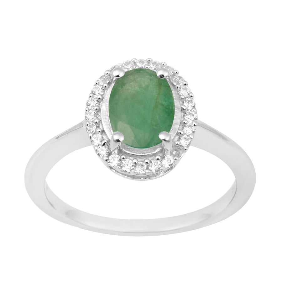 8x6MM Oval Emerald & White Accents Ring - Sterling Silver