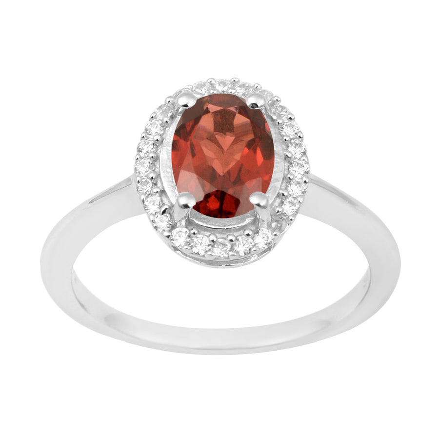 8x6MM Oval Garnet & White Accents Ring - Sterling Silver